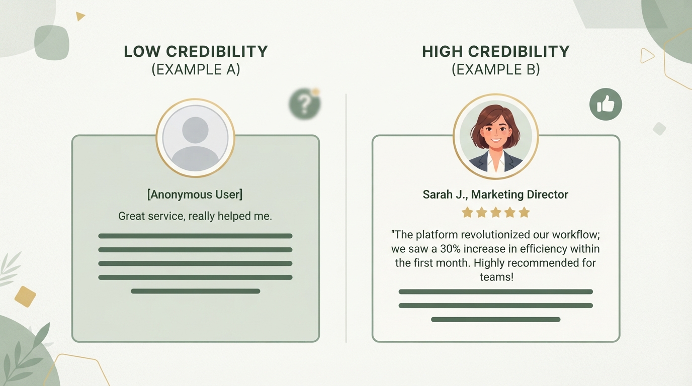 side-by-side comparison of a vague anonymous testimonial box versus a detailed testimonial with real name, role and photo, showing which one looks more credible