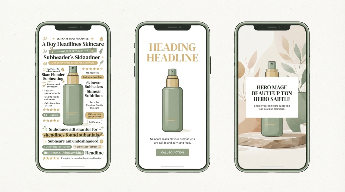 three smartphone screens side by side showing ad hierarchy — left screen cluttered with multiple text elements overlapping a product image, center screen showing the same product with one dominant headline and minimal supporting text, right screen showing a large hero image with centered text overlay and clear visual weight distribution