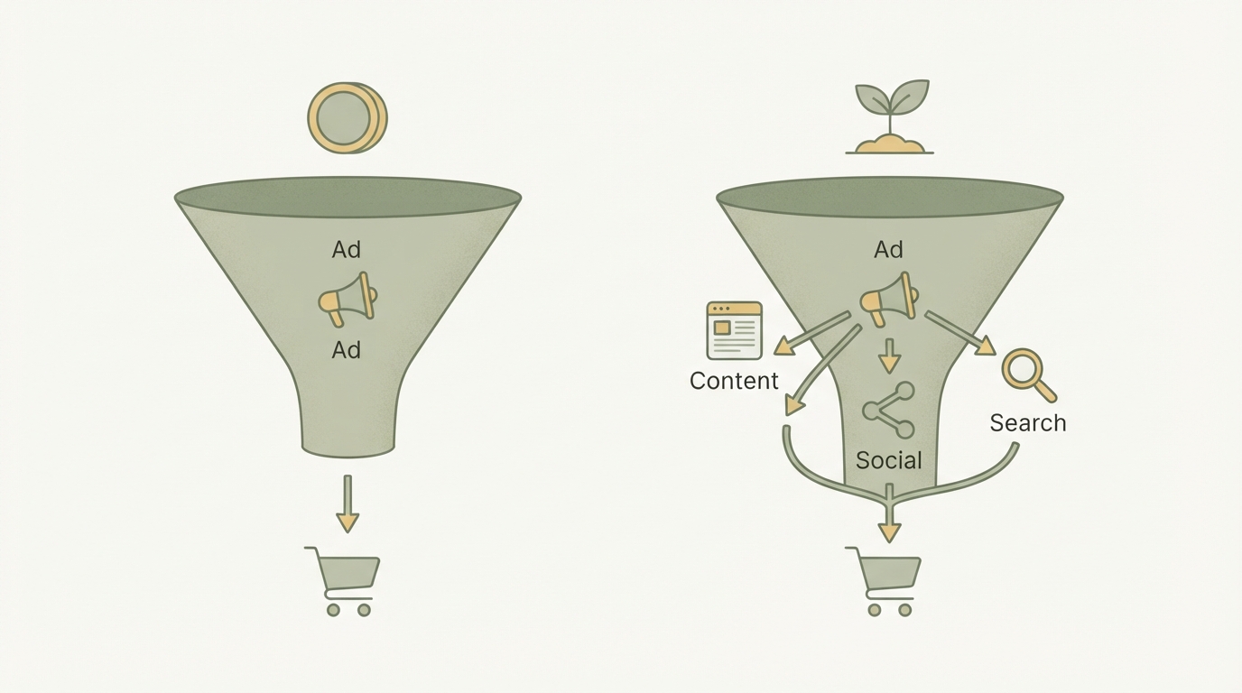 side-by-side comparison of two funnels, left labeled with a coin icon showing a short direct arrow from ad to cart, right labeled with a seedling icon showing a longer branching path through content, social, and search before reaching cart