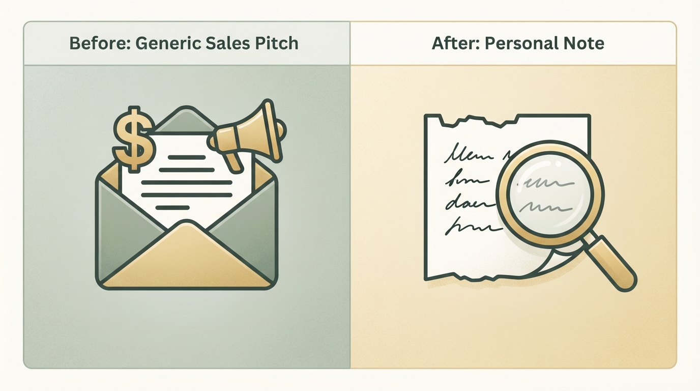 two-column before-after comparison — left column headline-style icon shows a generic sales pitch email with a dollar sign and megaphone symbol, right column shows a short handwritten-style note icon with a magnifying glass, no readable text in either