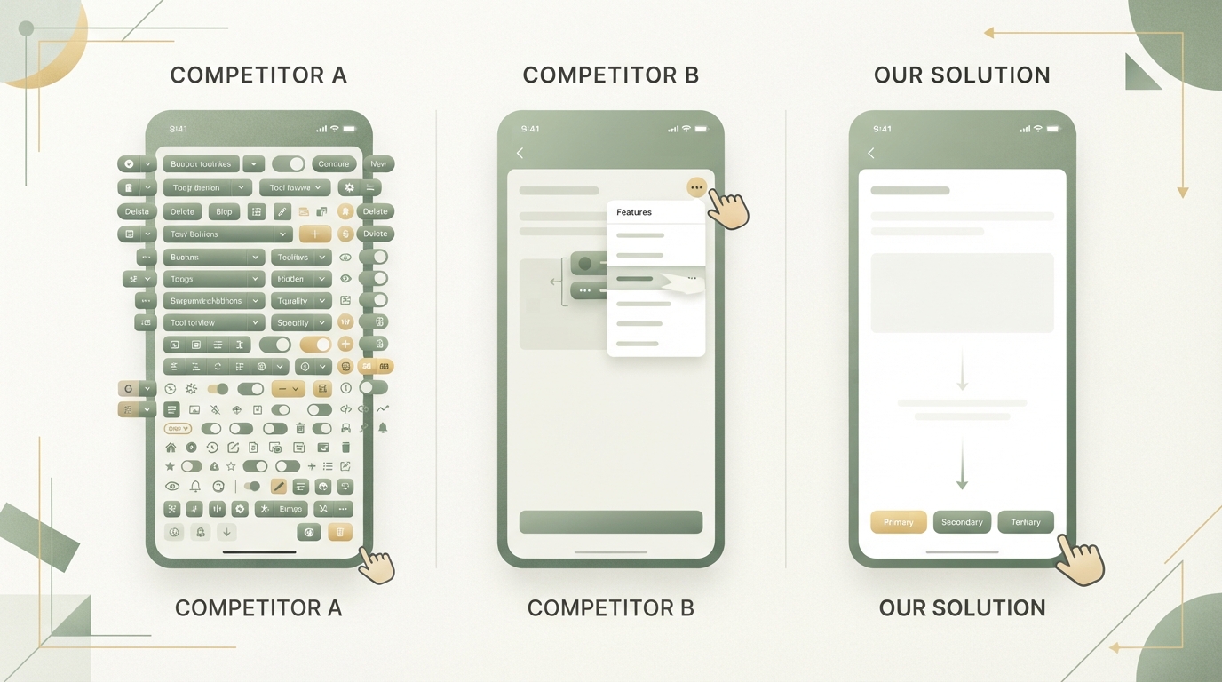 three-column comparison showing competitor A (many buttons, cluttered interface), competitor B (hidden features menu, slow), and your solution (3 buttons, clear flow, fast) — mockup-style user interface demonstration