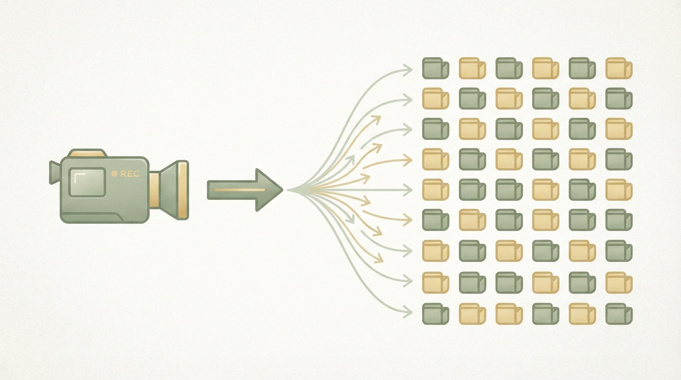 three-icon flow showing a long recording camera icon splitting into many small clip icons arranged in a grid, arrows pointing from one source to dozens of outputs
