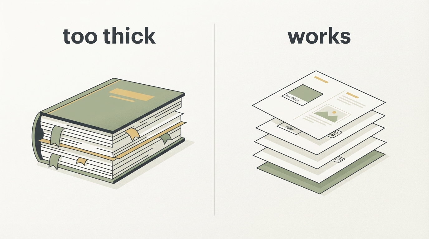two-column comparison, left "too bloated: 40-page PDF with Pantone numbers and philosophical text", right "actually works: one page per element with hex code, example images, and concrete rules"