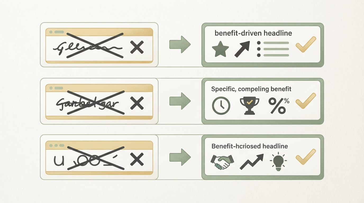 three horizontal blocks showing a weak generic headline crossed out on the left transforming into a specific benefit-driven headline with a checkmark on the right, simple flat icon style, no readable text