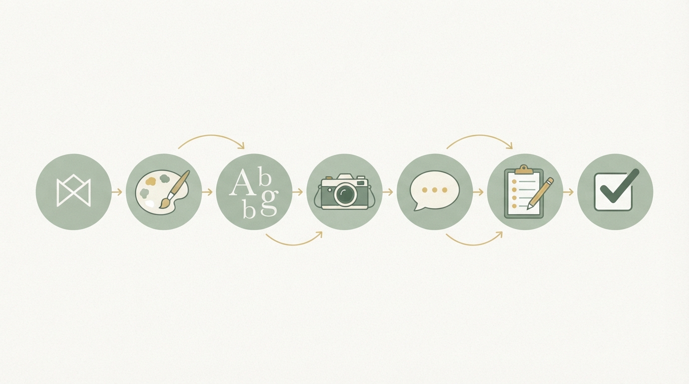seven-step flow, left to right: 1. Define logo (symbol icon), 2. Choose colors (palette icon), 3. Set fonts (letter icon), 4. Collect photos (camera icon), 5. Write voice (speech bubble icon), 6. Write down rules (checklist icon), 7. Download checklist (checkmark icon), connected by arrows