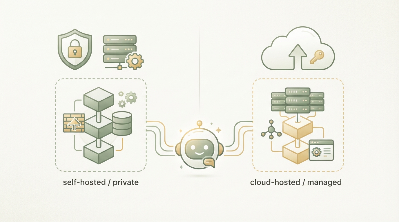 two-column comparison diagram, left column labeled with a lock icon and server icon showing "self-hosted / private", right column labeled with a cloud icon showing "cloud-hosted / managed", both columns connecting to a single central chatbot icon