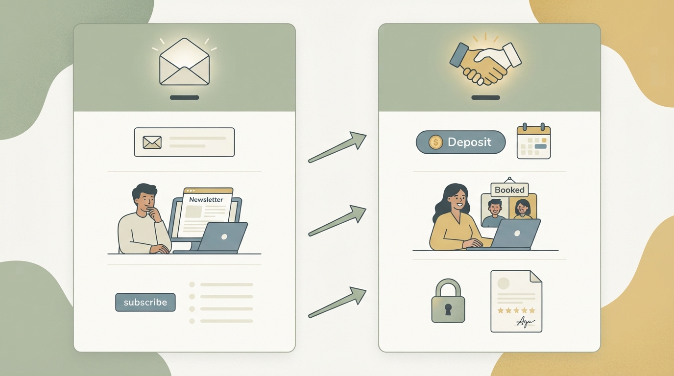 a simple two-column comparison, left column labeled with an envelope icon showing weak signals like a plain email signup, right column labeled with a handshake icon showing strong signals like a deposit or booked call, arrows pointing from weak to strong