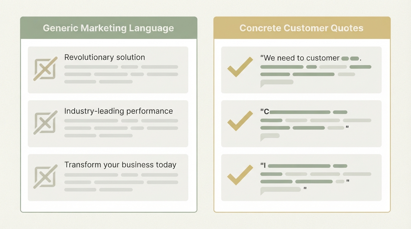 Two columns side by side: left shows generic marketing language with a crossed-out checkbox, right shows concrete customer quotes with a checkmark