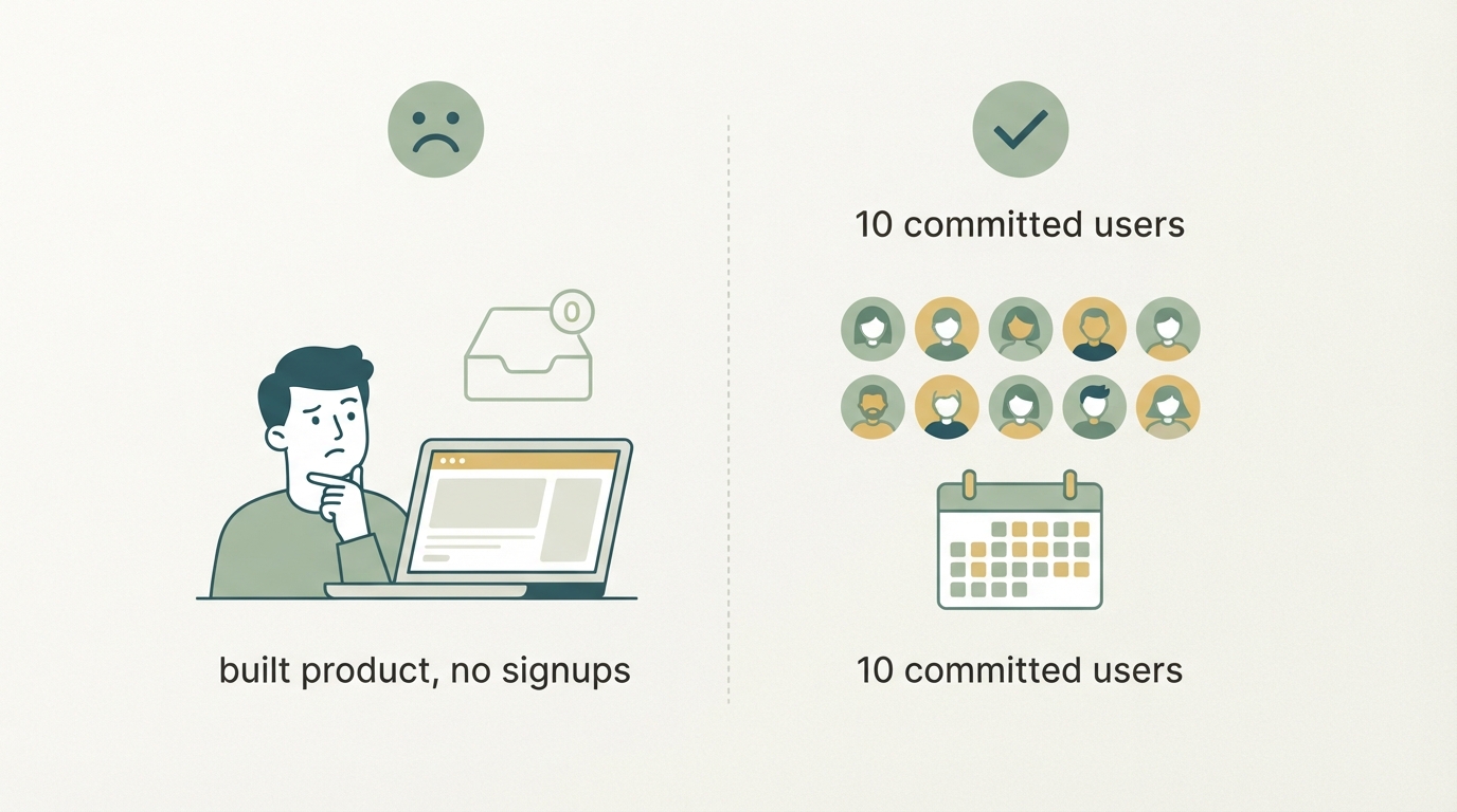 a two-column before/after diagram, left column labeled with a sad face icon showing "built product, no signups" with an empty inbox icon, right column labeled with a checkmark icon showing "10 committed users" with a filled calendar icon, simple flat style, no readable text