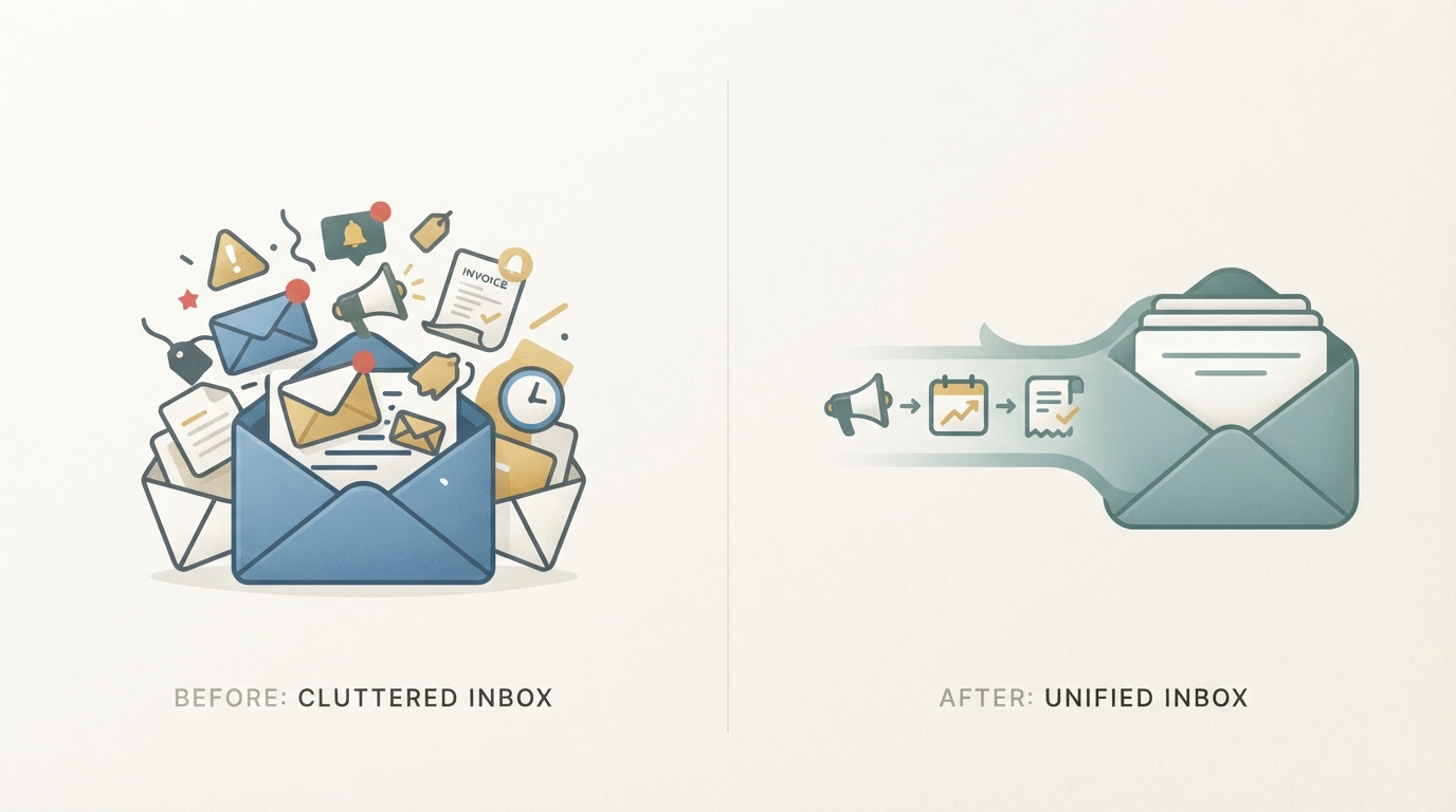 side-by-side comparison of a cluttered generic email tool interface icon versus one clean unified inbox icon combining three mail types (marketing, lifecycle, transactional) into a single stream, simple flat style, no text