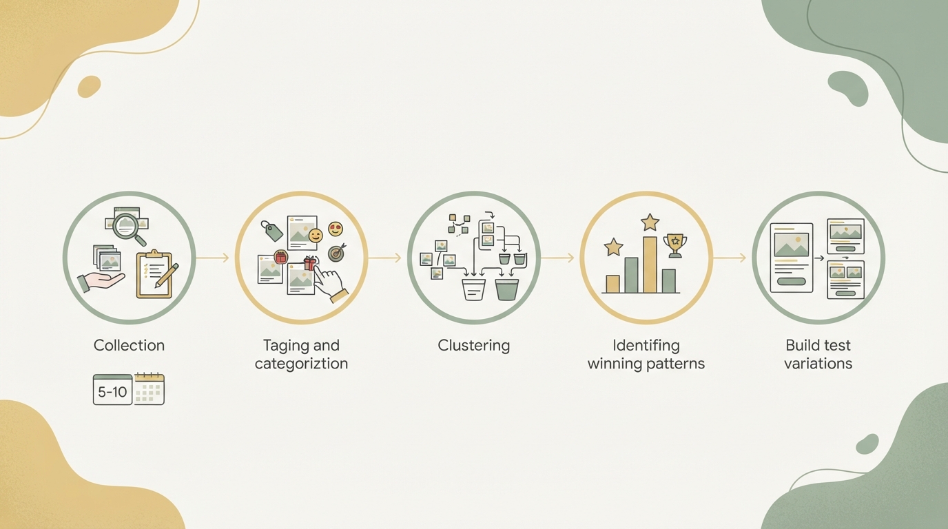 flow chart shown as process steps: step 1 "collect 5-10 competitor ads per week", step 2 "tag with pattern fields (hook type, emotion, offer, audience)", step 3 "cluster by pattern (identify which patterns appear most often)", step 4 "identify winning pattern from frequency", step 5 "build test variations based on data"