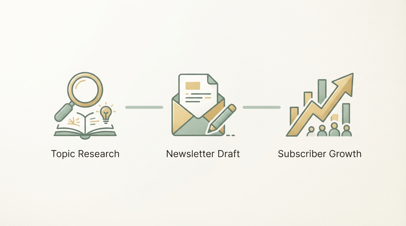 three connected stages shown as simple icons left to right: a magnifying glass representing topic research, a folded letter representing newsletter draft, an arrow pointing upward representing subscriber growth