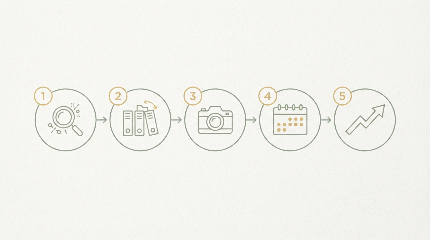 a five-step numbered flow shown as connected icons left to right: magnifying glass, sorting folders, camera, calendar with five dots, arrow pointing up, clean minimal line style