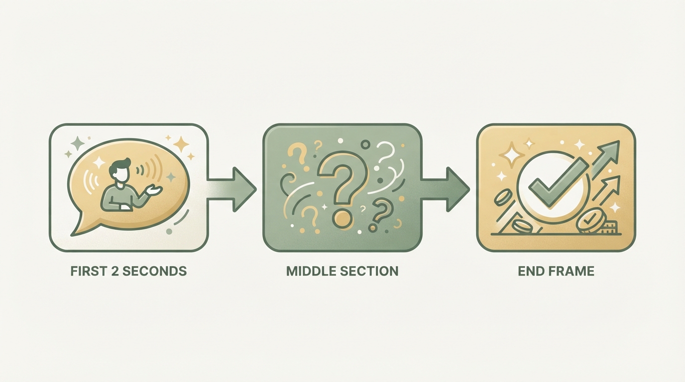 three-stage horizontal flow diagram showing "first 2 seconds: hook phrase in speech bubble" → "middle section: curiosity gap with question mark icon" → "end frame: payoff moment with checkmark icon, all connected by arrows"