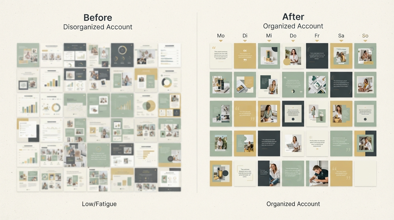 a before-and-after comparison in two columns – on the left a cluttered, washed-out ad account grid with many overlapping thumbnails, labeled as low volume and fatigue; on the right an organized, fresh grid with distinct thumbnail variants, arranged like a clean weekly calendar