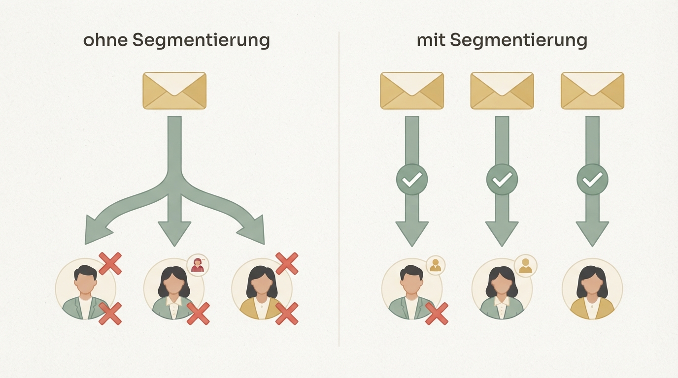 two-column comparison showing "ohne Segmentierung" on left (single email arrow pointing to three different user icons with red X) versus "mit Segmentierung" on right (three separate email paths with green checkmarks leading to each user type)