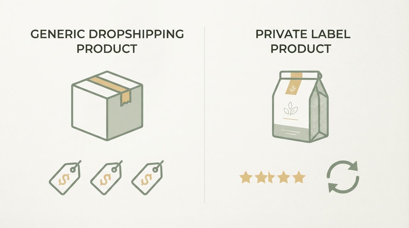 two-column comparison showing generic dropshipping product on the left with a plain box icon and a repeating price-tag symbol, versus a private label product on the right with a custom package icon, a star rating symbol, and a repeat-purchase arrow icon