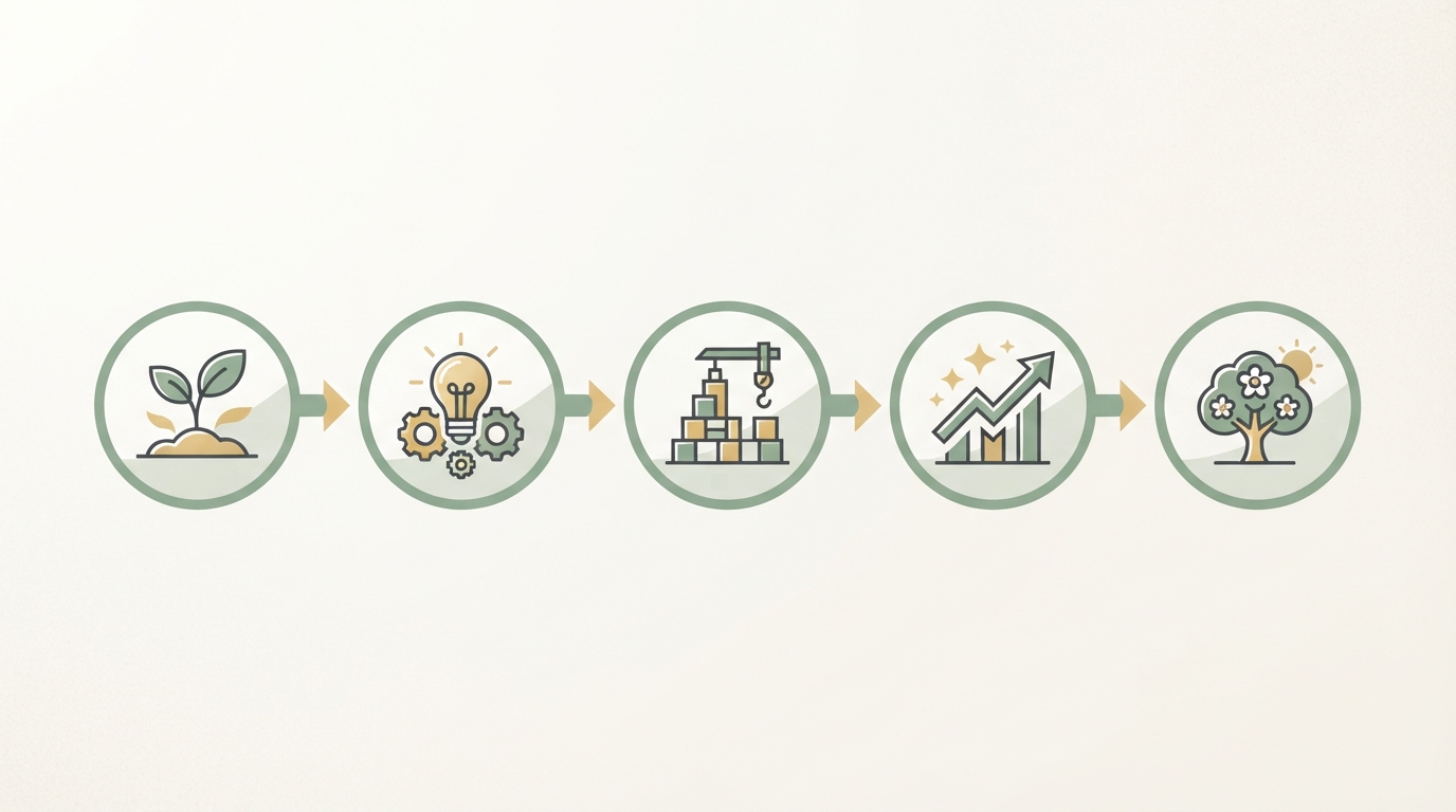 five connected stages in a simple left-to-right flow, each shown as a distinct icon linked by an arrow, no text