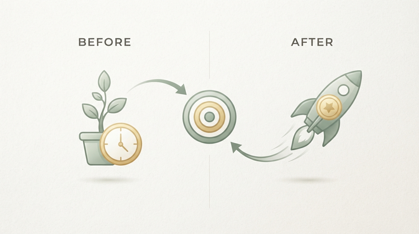 two-column before/after style comparison, left column icon of a plant growing slowly with a clock, right column icon of a rocket with a coin, both pointing toward the same target icon