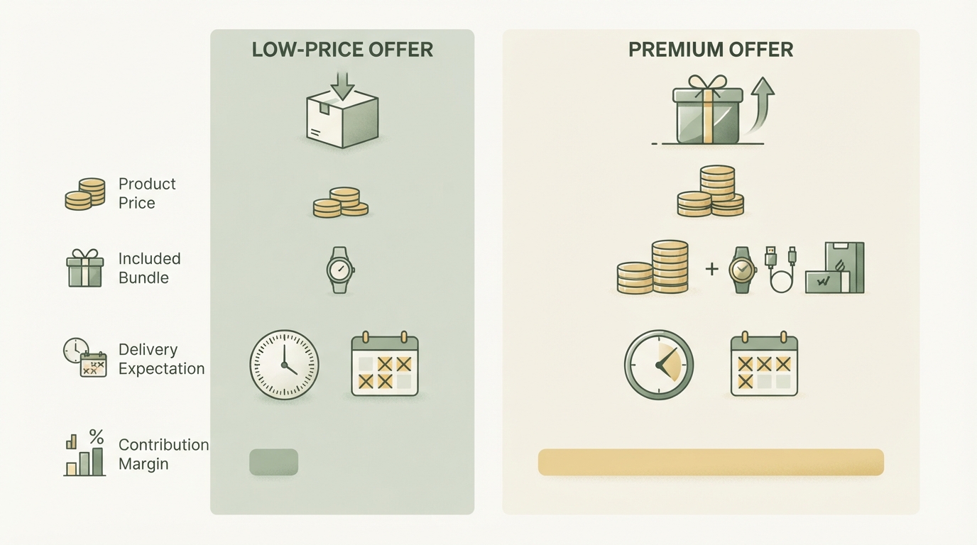 two-column comparison of a low-price and premium dropshipping offer, showing product price, included bundle, delivery expectation, and remaining contribution margin as simple icons and bars, no readable text