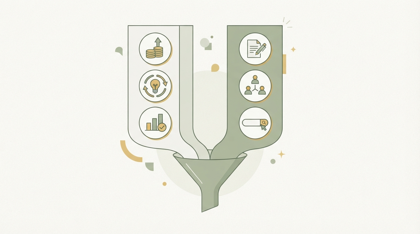 framework diagram showing two parallel tracks: left track labeled "Paid" with icons for budget increase, creative rotation, metrics check; right track labeled "Organic" with icons for content, community, SEO; both tracks merge into single funnel at bottom — flat design, no readable text, clean lines