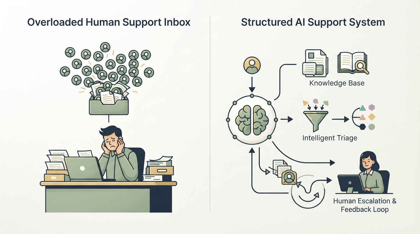 two-column comparison diagram: left side overloaded human support inbox with repeated question icons, right side structured AI support system with knowledge base, triage, human escalation, and feedback loop; no readable text