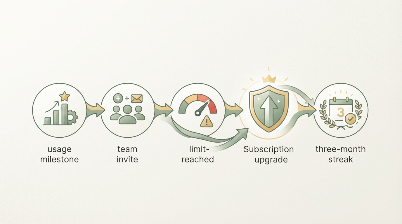 step-flow diagram showing four connected trigger moments for upsell timing: usage milestone icon, team invite icon, limit-reached icon, three-month streak icon, arrows pointing to a subscription upgrade icon