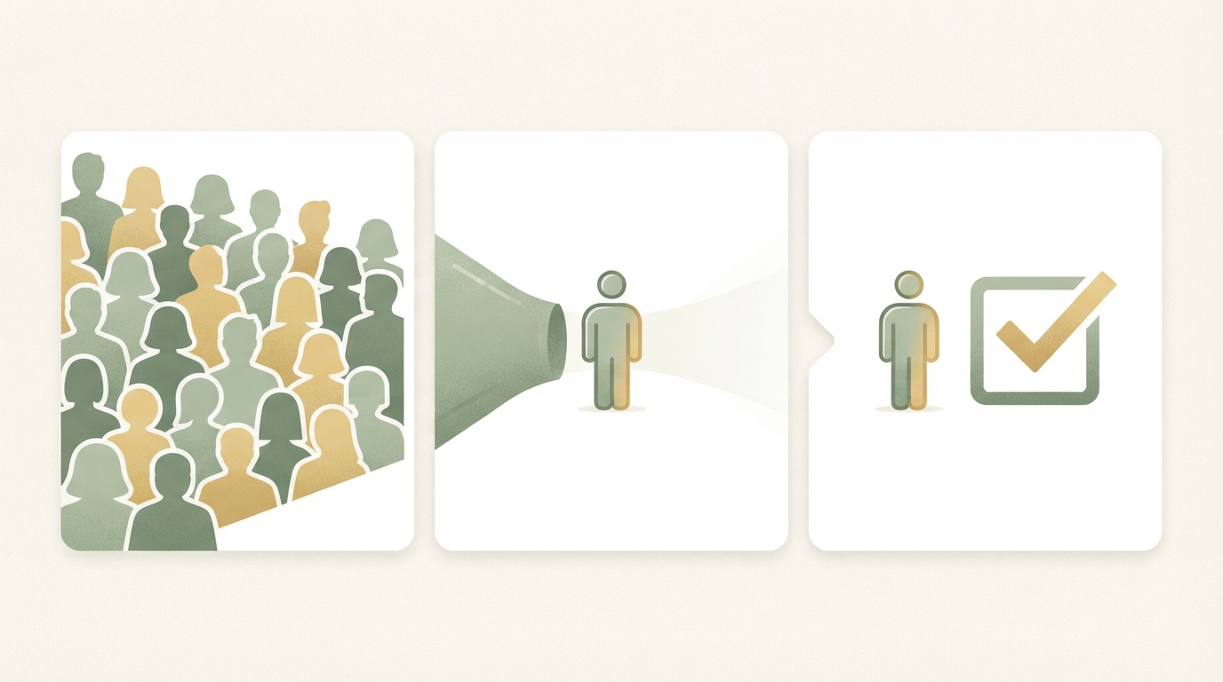three-panel diagram showing funnel narrowing from wide audience silhouettes on the left to single person icon in the middle to one clear checkbox action on the right, clean flat icons, no text labels