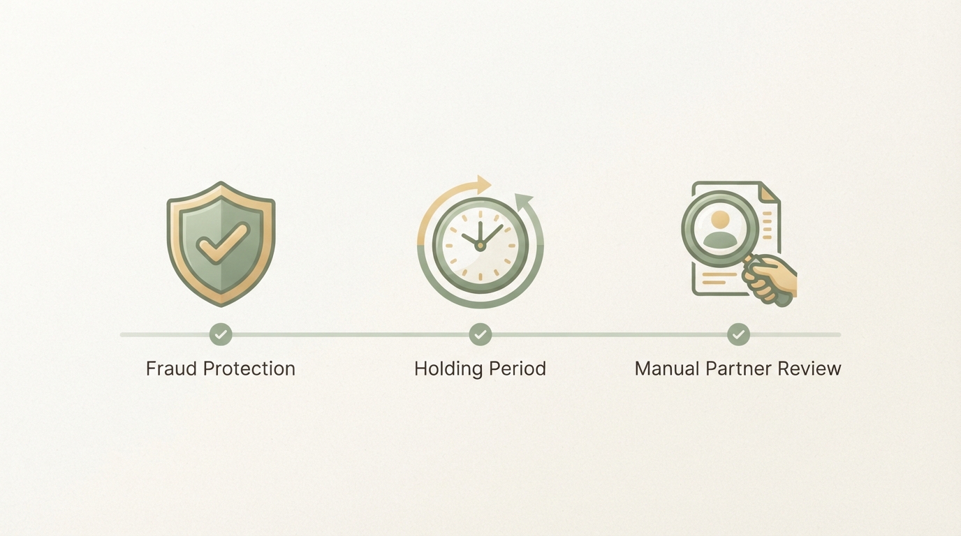 a simple three-icon checklist visual showing a shield for fraud protection, a clock for holding period, and a magnifying glass for manual partner review, arranged as a horizontal trust framework