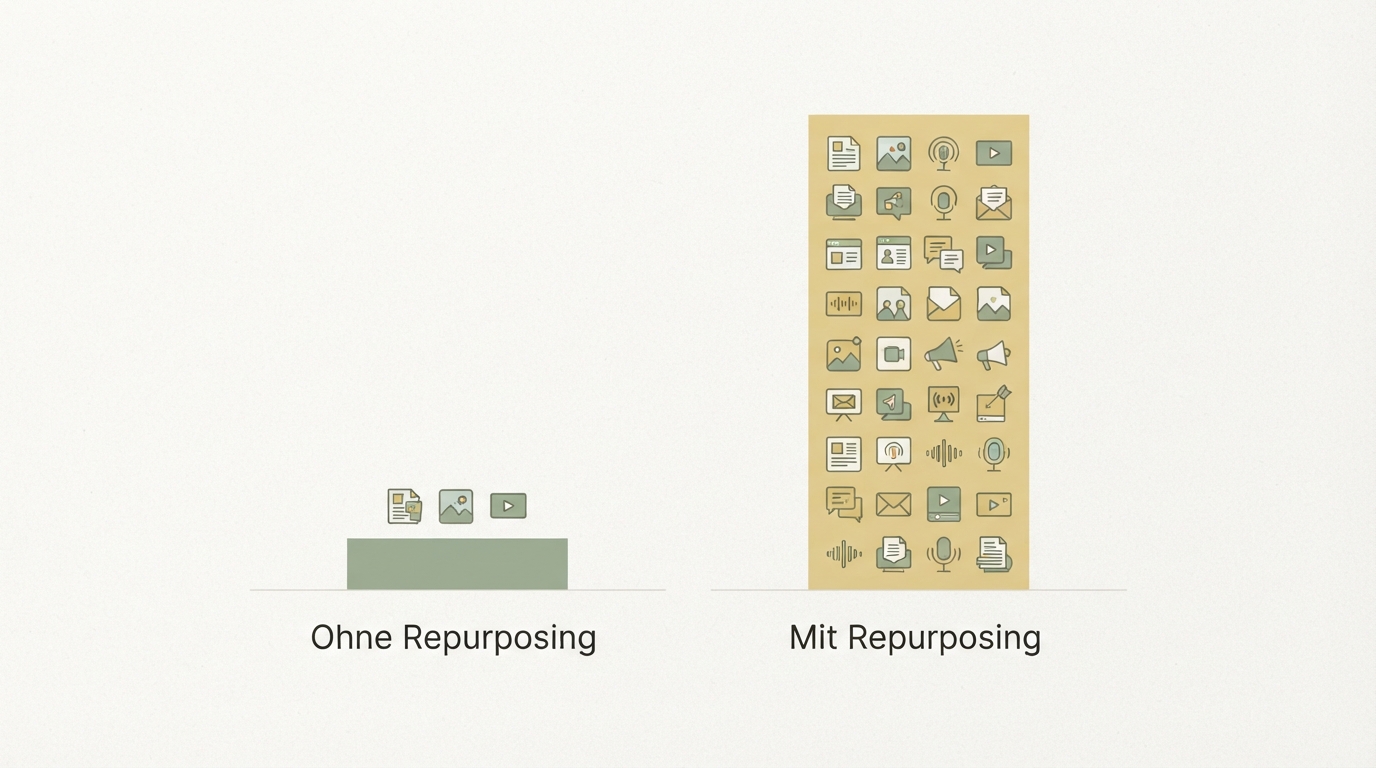 two bar charts side by side — left "Without repurposing" (one small bar, 3 pieces of content), right "With repurposing" (wide bar, 30+ pieces of content) — a stark visual contrast