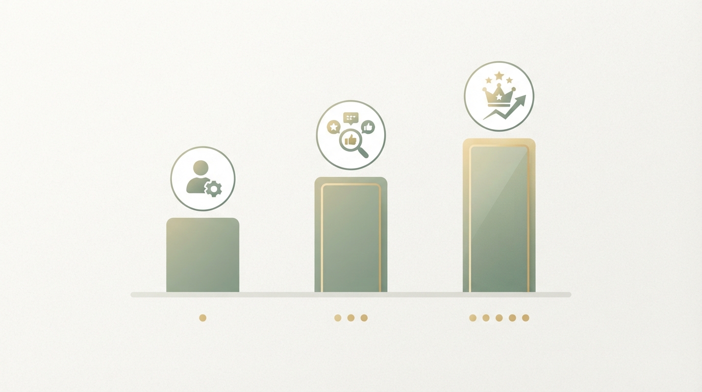 a simple horizontal framework diagram showing three pricing tiers as vertical bars of increasing height labeled with generic icons only, no readable numbers, with a magnifying glass icon above the middle tier representing customer feedback