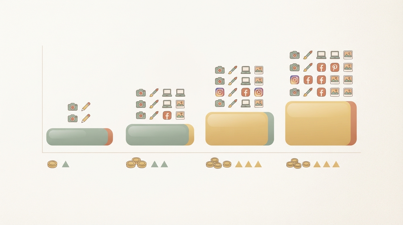a horizontal bar chart graphic: four budget tiers side by side, each bar labeled with a budget icon, above them stacked rows of small icons showing the corresponding number of creative variants per week