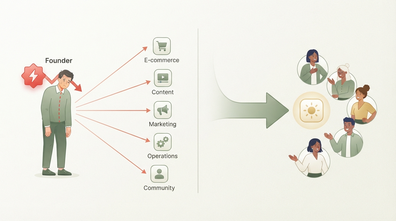 two-column comparison, left side shows a founder scattered across five small platform icons with thin arrows and a red "energy drained" indicator, right side shows one thick arrow into a single platform icon reaching a group of people, clean flat icon style, no text