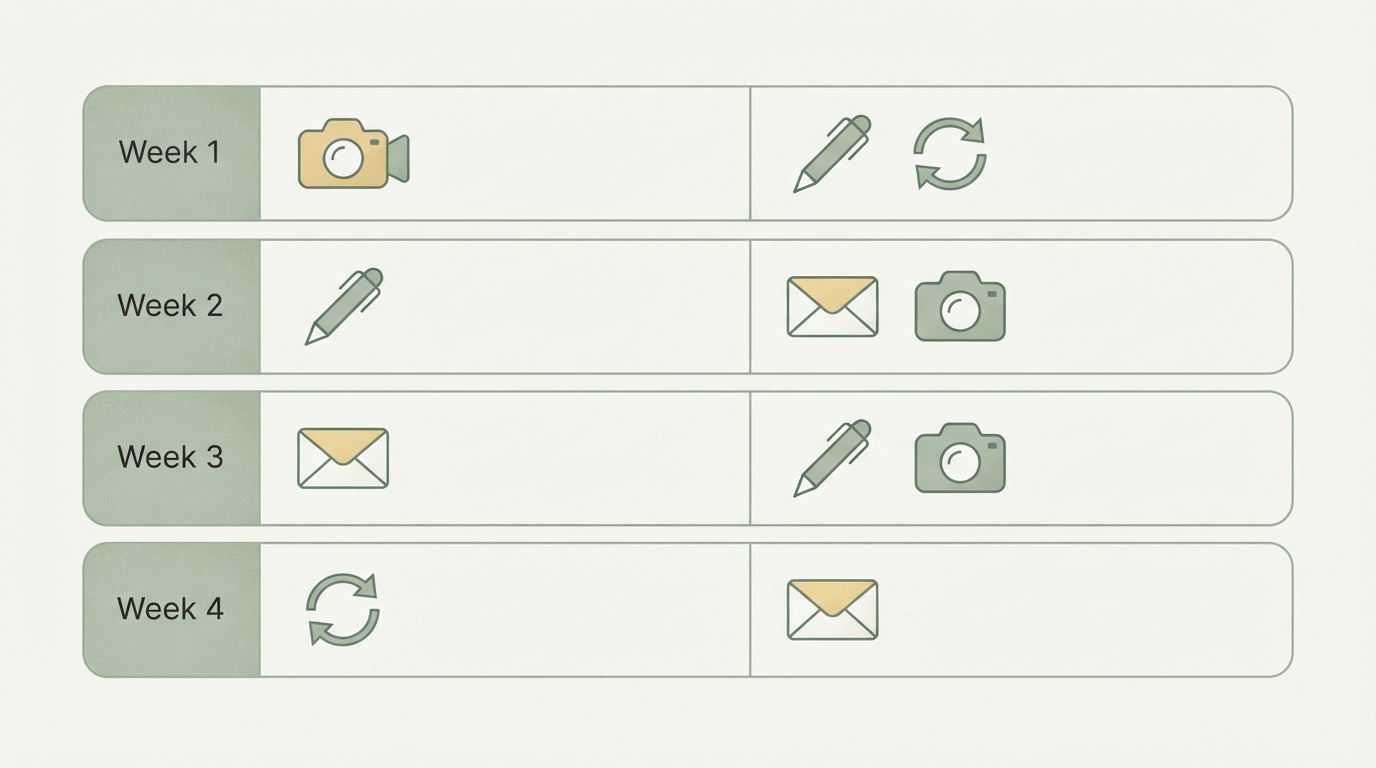 four-row weekly planner grid showing Week 1 to 4 as horizontal rows, each row has two cells: "Thema" and "Format", with small icons — pen for text, camera for video, envelope for newsletter, refresh arrow for remix