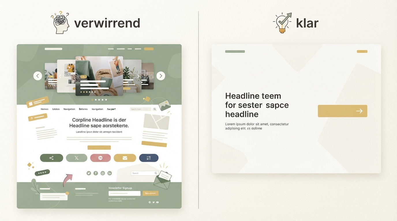 split-screen comparison of a cluttered landing page hero with five buttons and a slider versus a clean hero with one headline, one subline and one button, labeled "verwirrend" left and "klar" right using icons not text