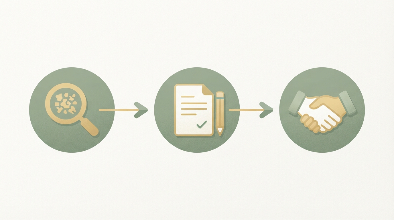 three-stage step flow shown as icons left to right: magnifying glass for topic finding, document with pencil for documentation, handshake for trust building, simple flat icon style, no readable text