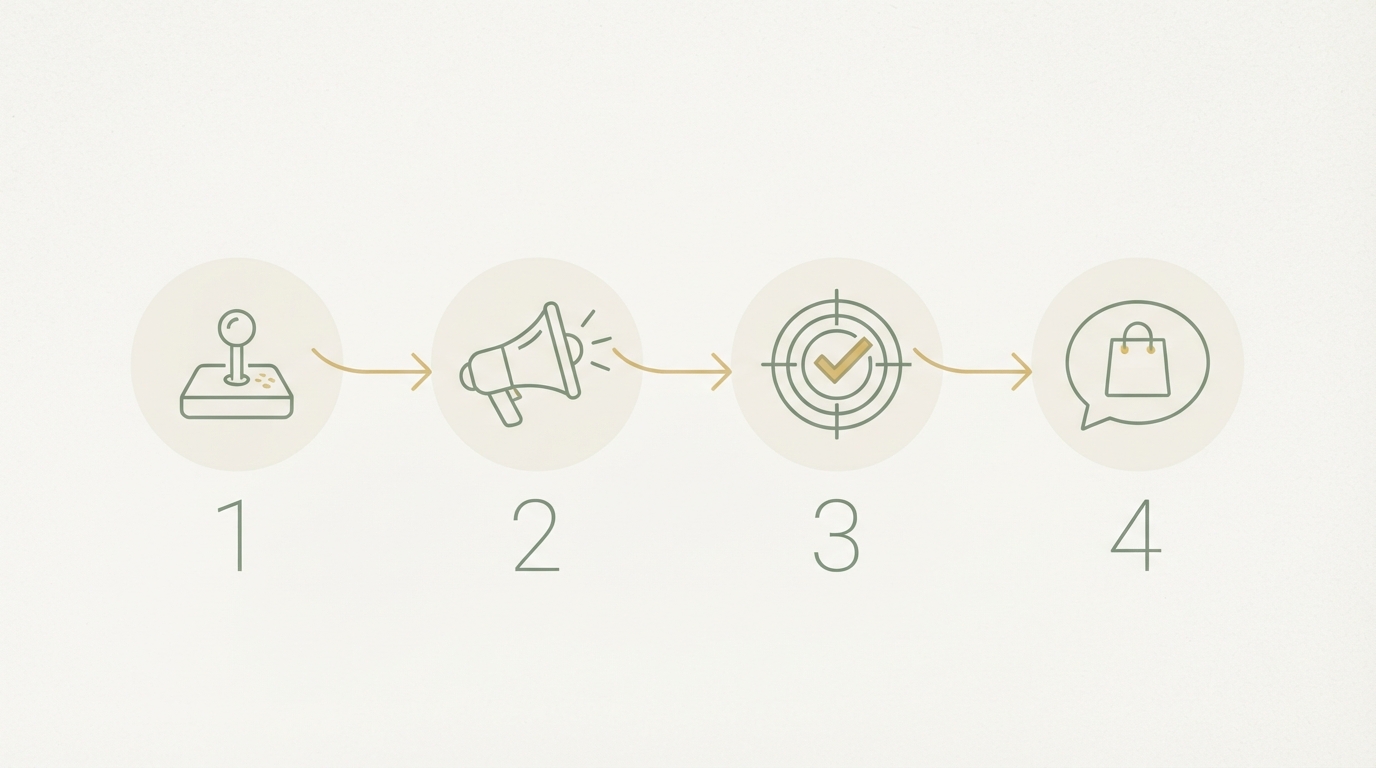 four numbered stages shown side by side as simple icons connected by an arrow — stage one a small joystick, stage two a megaphone, stage three a checkmark target, stage four a chat bubble with a shopping bag, flat minimal line style, no readable text