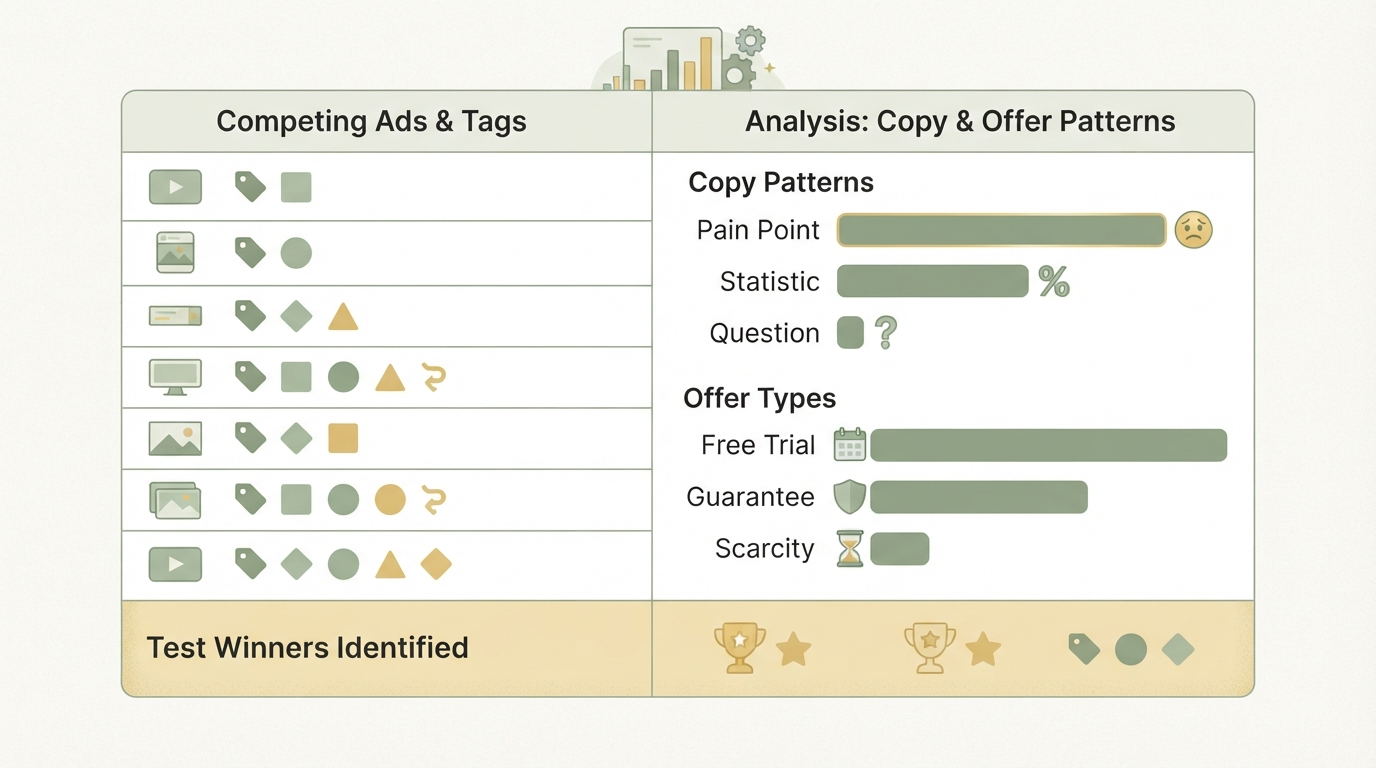 comparison table shown as screenshot: left column shows 8 competing ads with tags, right column shows frequency analysis bars for copy patterns (pain most frequent, statistic moderate, question rare) and offer types (free trial most common, guarantee common, scarcity rare), final row shows test winners identified from data