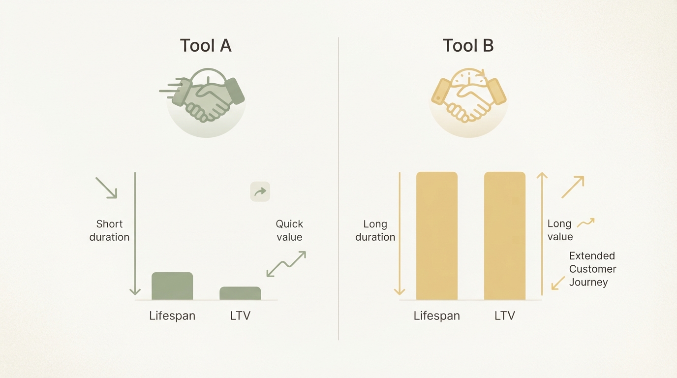 two-column comparison showing Tool A with short customer lifespan and low LTV versus Tool B with long customer lifespan and high LTV, simple bar charts, no readable text