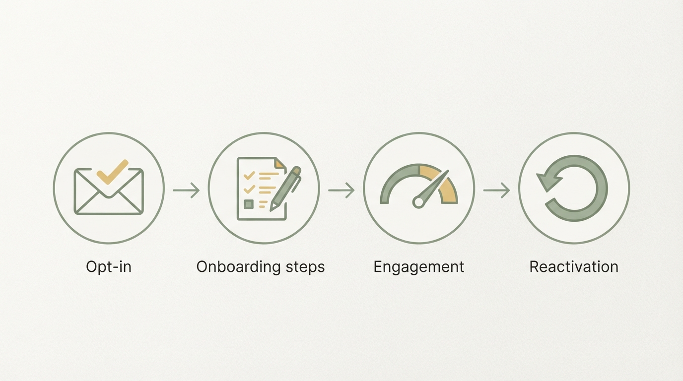 four-stage flow diagram showing icons left to right: envelope with checkmark (opt-in), onboarding steps checklist, engagement meter, reactivation arrow pointing back — clean minimal icons on white background