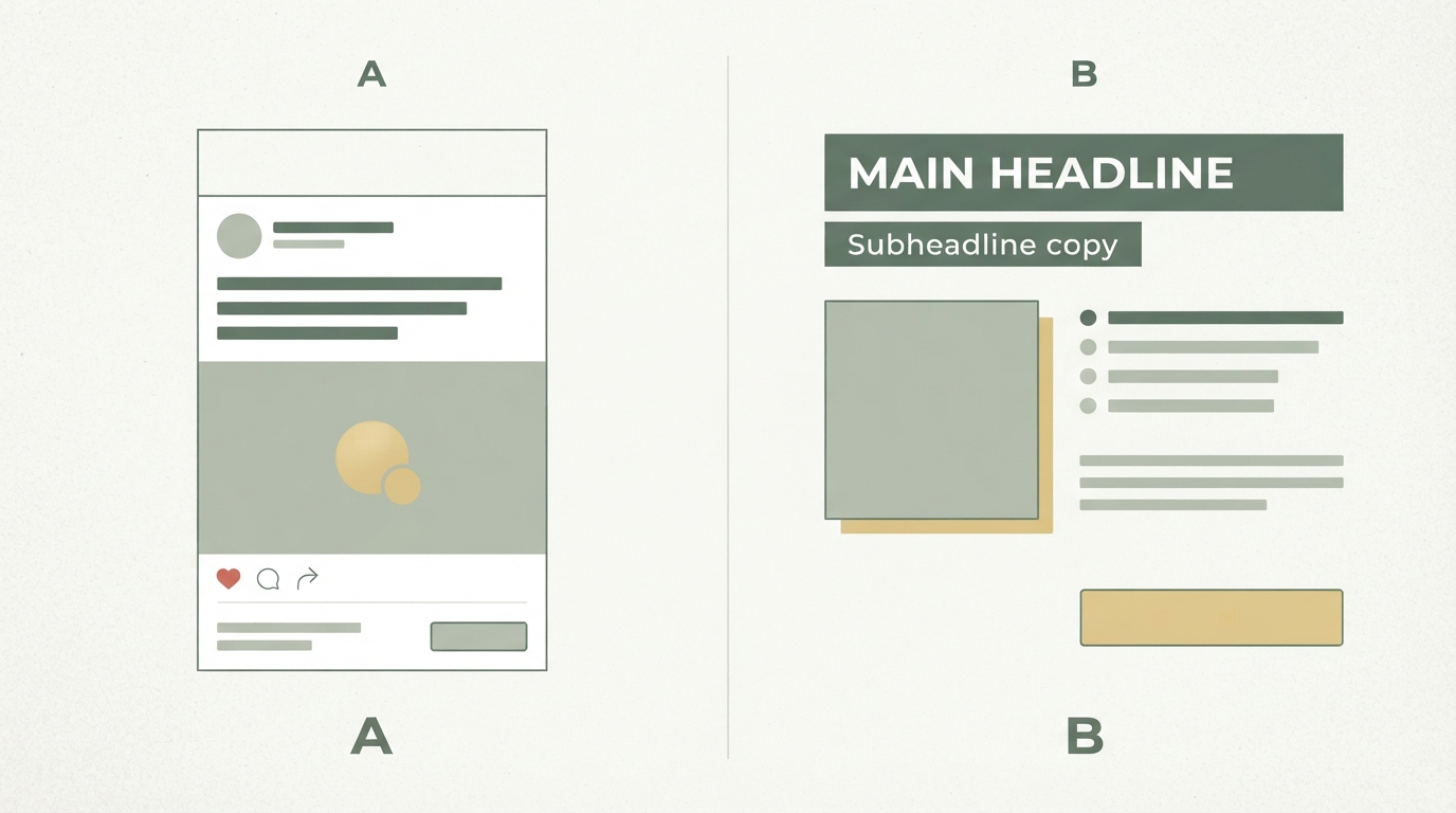 split screen comparison, left side a short punchy three line ad text mockup for a social feed, right side a longer structured product page layout with headline subheadline and bullet points, minimal flat design, no readable text