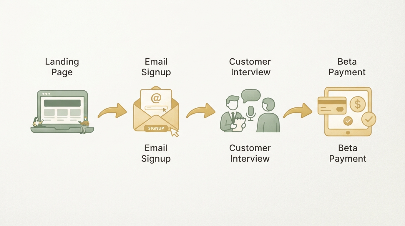 simple four-step funnel diagram showing landing page, email signup, customer interview, and beta payment as connected icons left to right