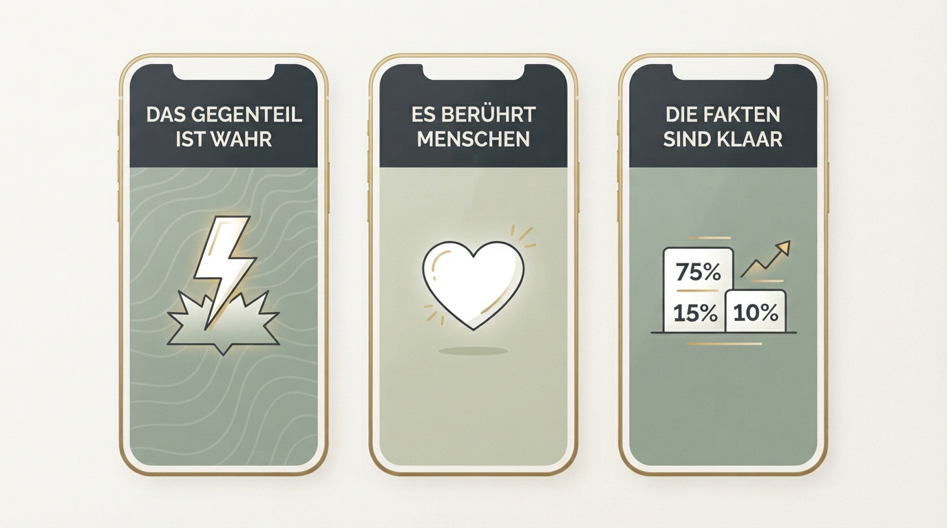 three smartphone screens side by side, each showing a different hook text on top of a dark background with white text, with an illustration below each (lightning bolt for contradiction, heart for emotion, number for statistic). minimalist graphic, mobile-format proportions