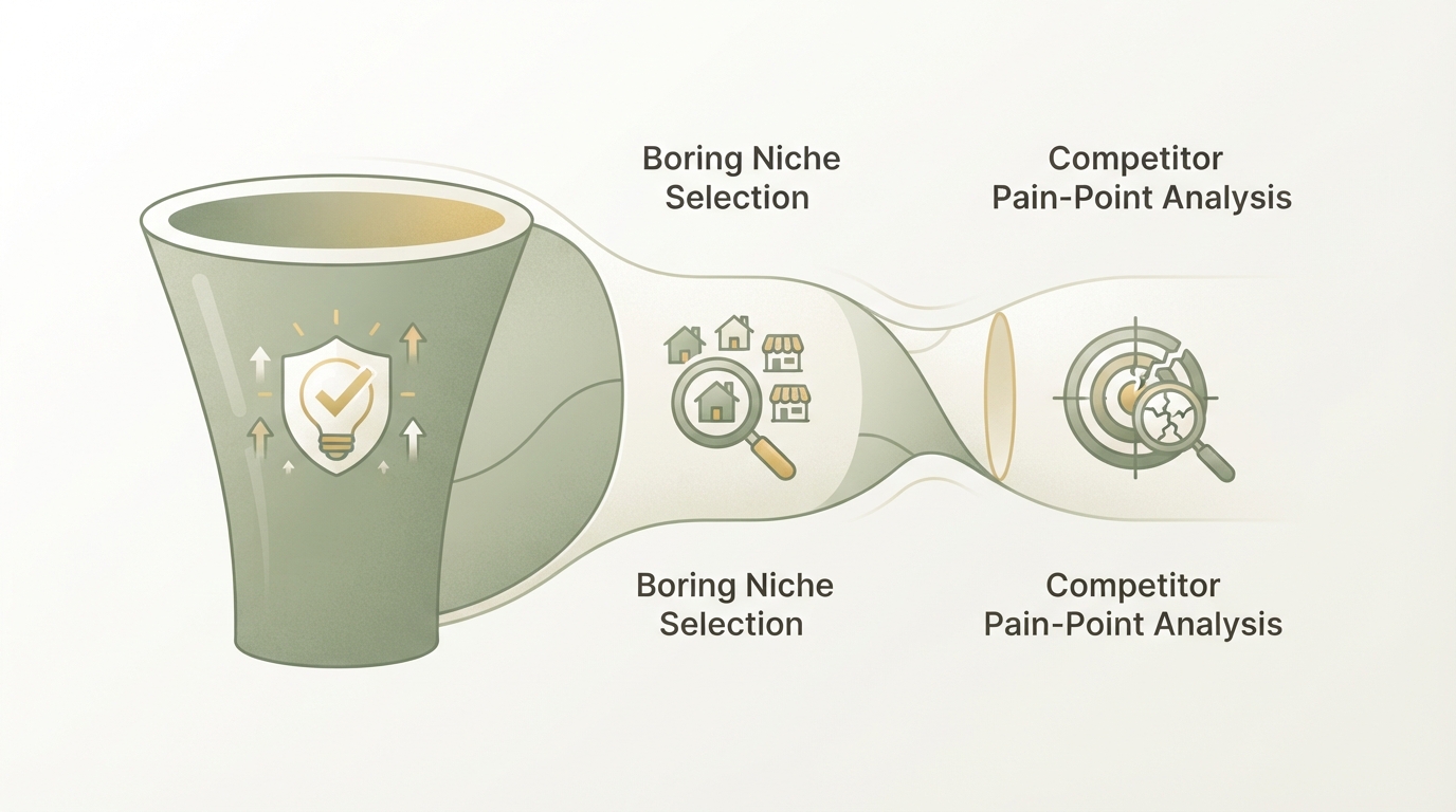 three-stage funnel diagram showing idea validation, boring niche selection, and competitor pain-point analysis as connected icon steps, left to right, minimal flat style