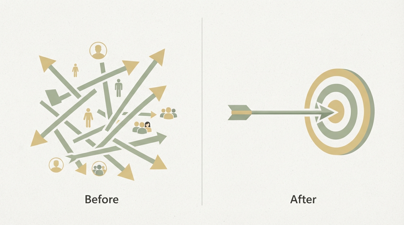 before and after comparison, left side shows scattered arrows pointing in many directions labeled with generic icons of many different people, right side shows a single focused arrow hitting one bullseye target, flat two-tone illustration