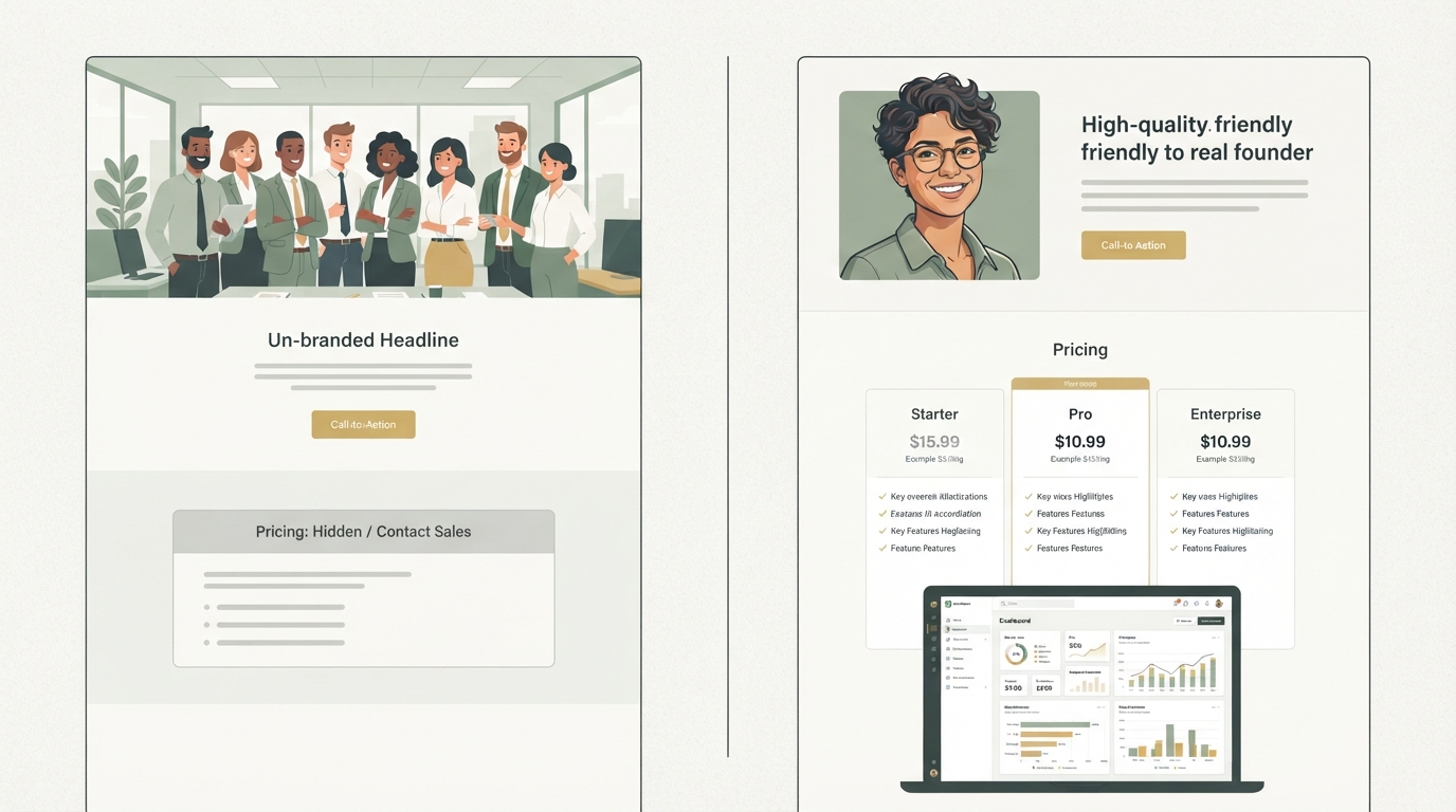 simple two-column before-after mockup of a SaaS landing page, left side generic with stock photo and hidden pricing, right side showing real founder photo, visible pricing and a real product screenshot