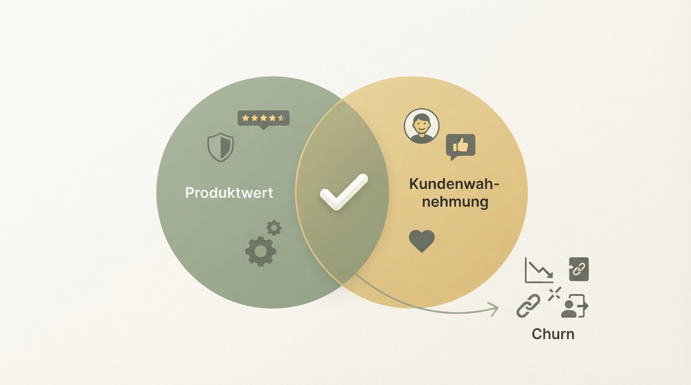 two overlapping circles labeled "Produktwert" and "Kundenwahrnehmung" with a checkmark where they overlap; outside the overlap, a small arrow pointing to "Churn" — showing that churn happens when perceived value is lower than actual value