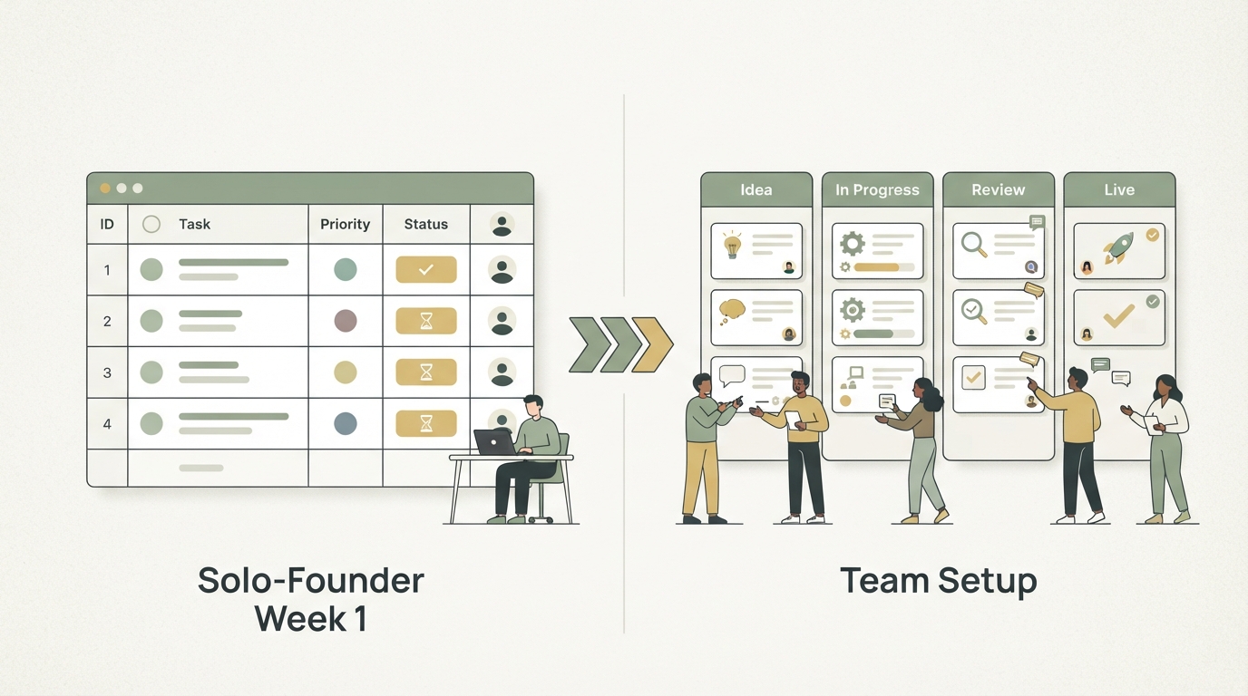 side-by-side comparison showing left panel "Solo-Gründer Woche 1" with a simple 5-column table in a spreadsheet and four rows filled; right panel "Team-Setup" with a kanban board showing columns: Idee, In Arbeit, Review, Live, connected by a center divider arrow