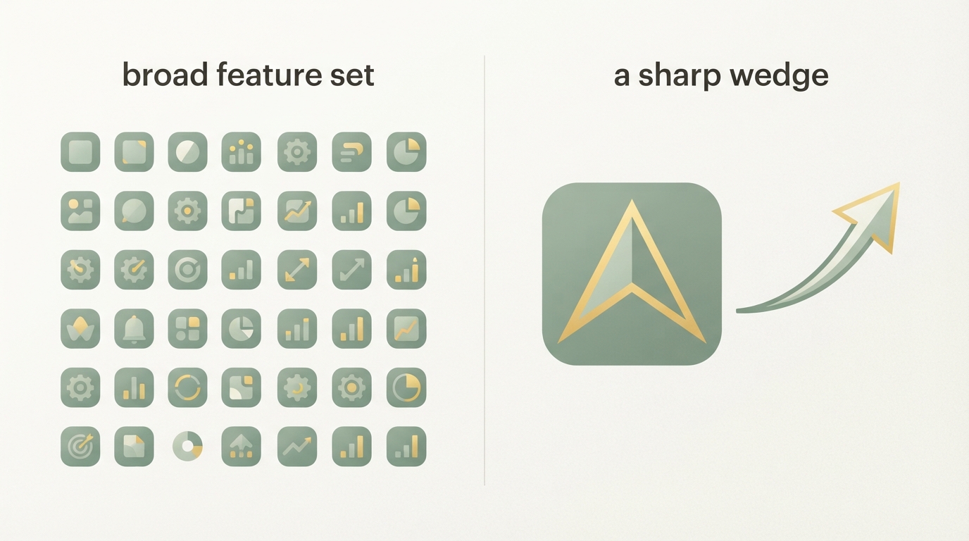 Two-column comparison, left labeled with a generic grid of app icons for "broad feature set," right showing a single large, highlighted icon for "a sharp wedge." An arrow from the right icon points to a small upward growth arrow. Clean, flat icon design, no readable text.