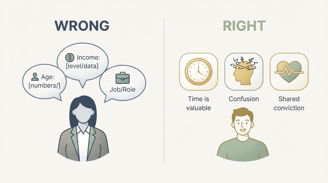 Split-screen comparison: left side "Wrong" with demographic bubbles (age, income, job), right side "Right" with three value icons side by side — a clock symbol for "time is precious," a headache icon for "confusion," a heart for "shared belief"